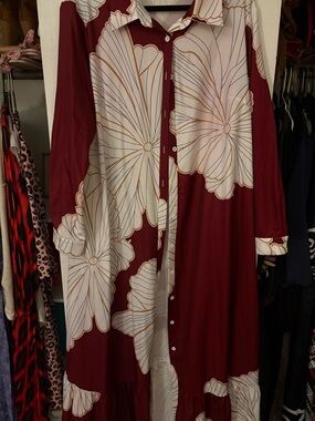 SHEIN Burgundy and Cream Floral Maxi Shirt Dress